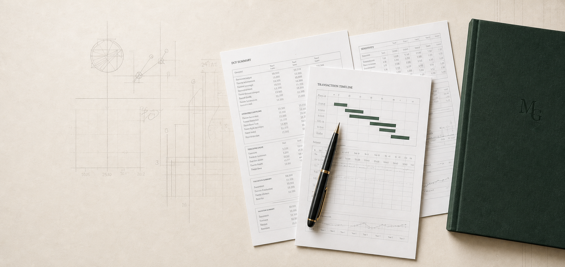 Financial models and transaction-planning documents on an analyst's workbench