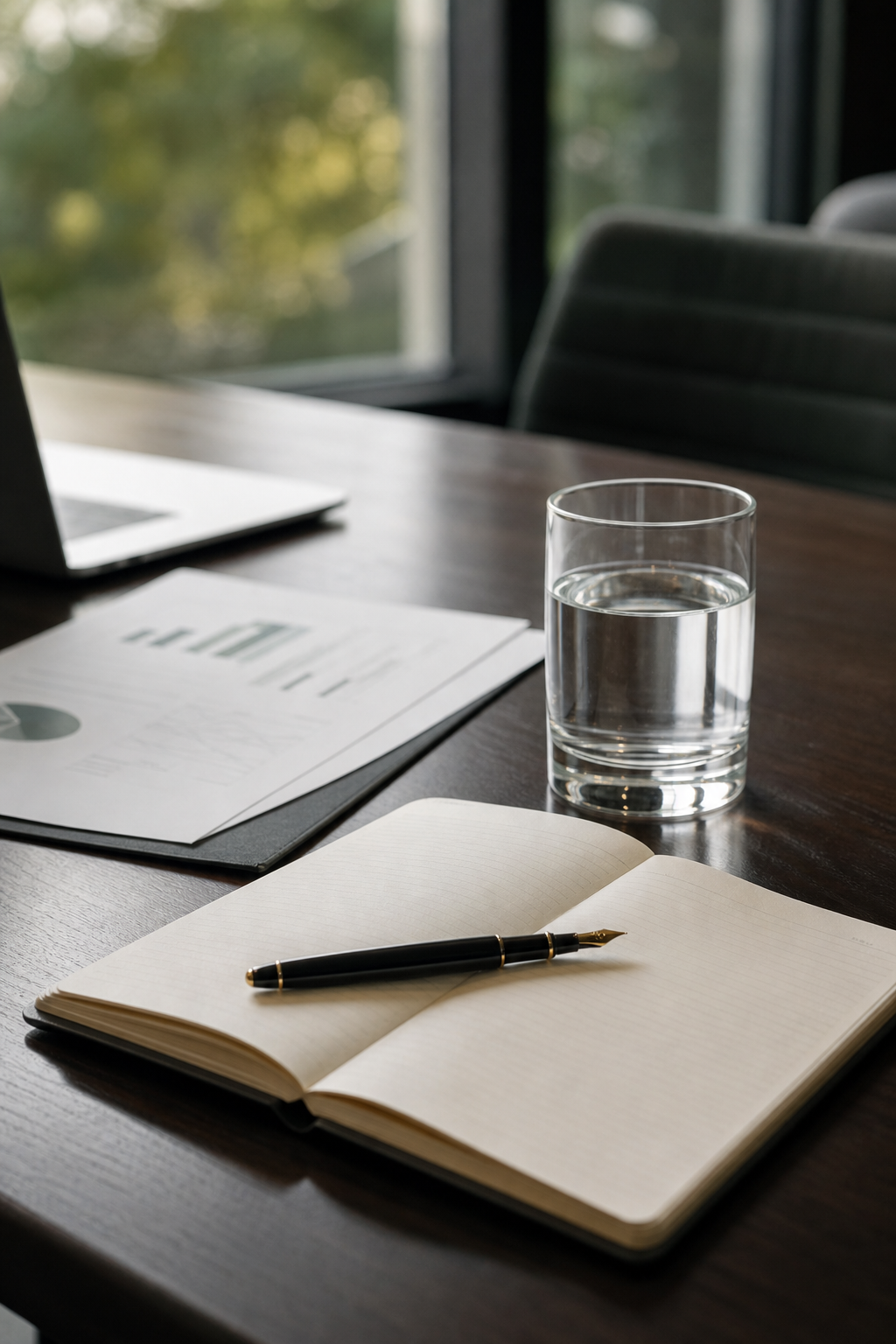 Coffee, notebook and financial documents on a consultation table